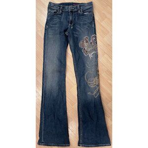 Allen B. Embroidered Paisley Flared Jeans Distressed Blue Rinse Designer Size 27